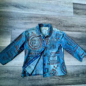 Chico's Design Embellished Denim Jacket Desperado Indigo Blue Boho Southwestern